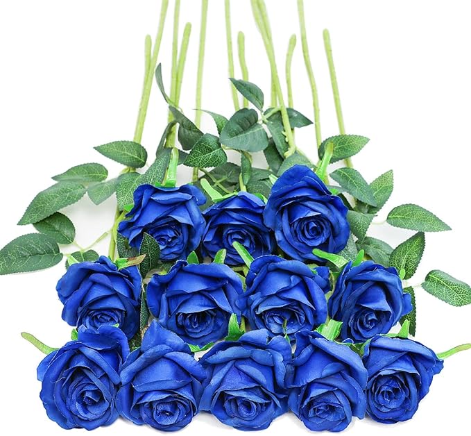 Tifuly Royal Blue Roses Artificial Flowers -12 pcs Realistic Single Long Stem by Tifuly