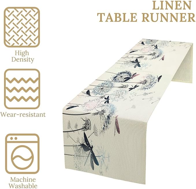 Dandelion Table Runner, Nature Rustic Dragonfly Teal Blue Floral Pattern Print - Image 3