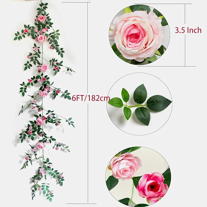 6FT Pink Flower Garland Artificial Rose Vines Hanging Floral Garland - Image 2