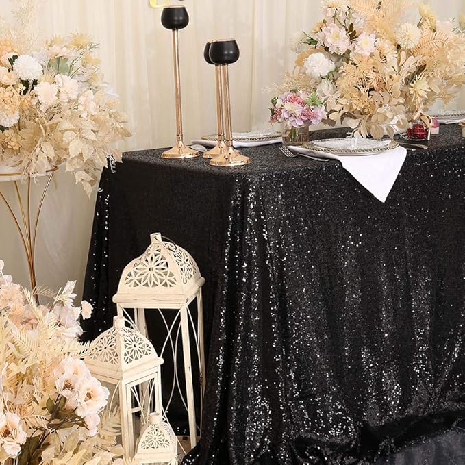 SquarePie Sequin Tablecloth 90 x 132 Inch Black Sparkly Table Linen - Image 6