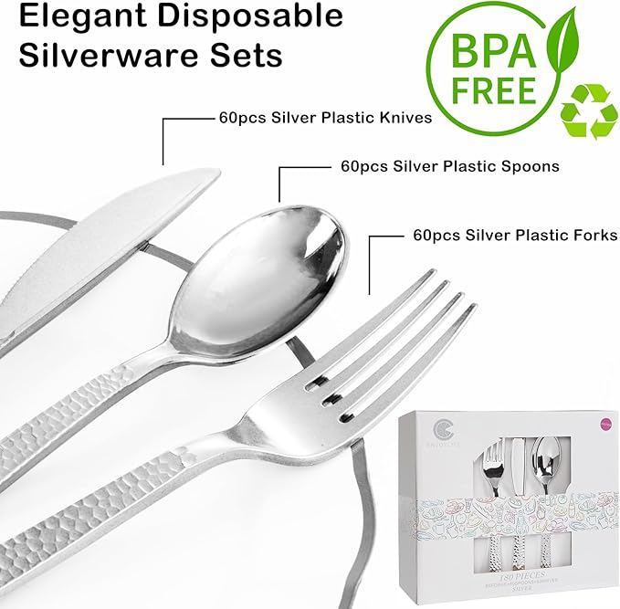 Supernal 180 pieces Silver Plastic Silverware, Disposable Plastic Silverware - Image 8