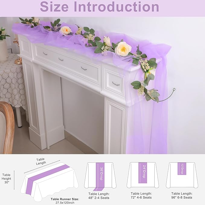 Snowkingdom Lavender Lilac Purple Table Runner, 10FT Light Purple Gauze Sheer - Image 5