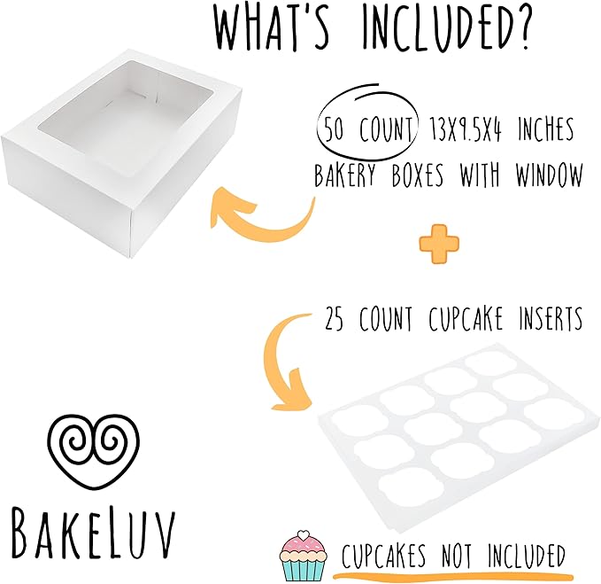 BAKELUV White 12 Cupcake Boxes, Cupcake Containers | 13x9.5x4, 50 Pack - Image 2