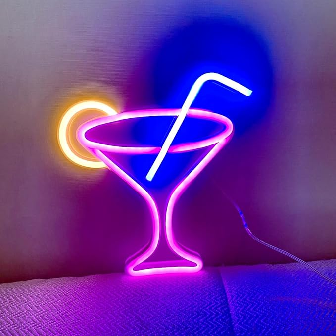 Cocktails Pink Neon Sign, Led Wine Glass Neon Light Battery and USB Dual - Image 3