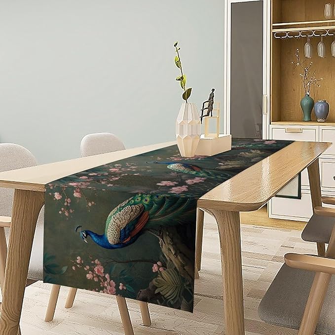 Peacock Table Runner, Vintage Aesthetic Peacock Birds Table Runner - Image 2
