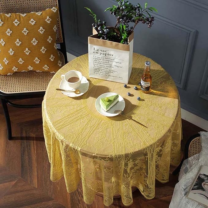 Vintage 60 inch Yellow Lace Tablecloth Floral Embroidered Boho Shabby Chic - Image 4
