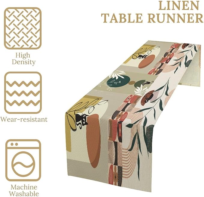 Mid Century Table Runner, Abstract Boho Plant Leaf Botanical Cat Modern - Image 3