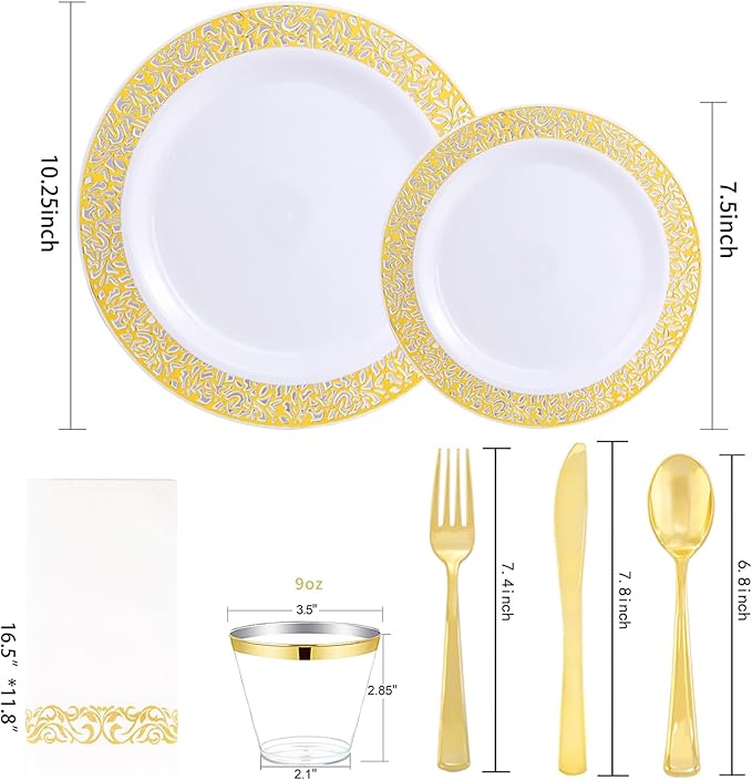 WELLIFE 210Pcs Gold Plastic Dinnerware - Image 2