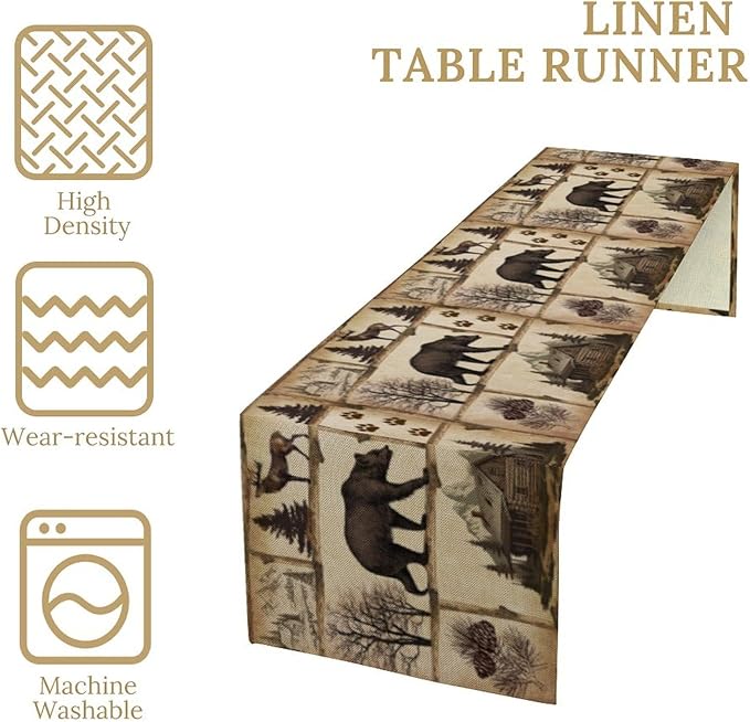 Rustic Cabin Table Runner, Retro Moose Cone Deer Bear Farmhouse Lodge Table - Image 4