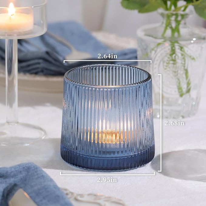DARJEN Blue Ribbed Tealight Votive Candle Holders Set of 10- Votive Candle - Image 2