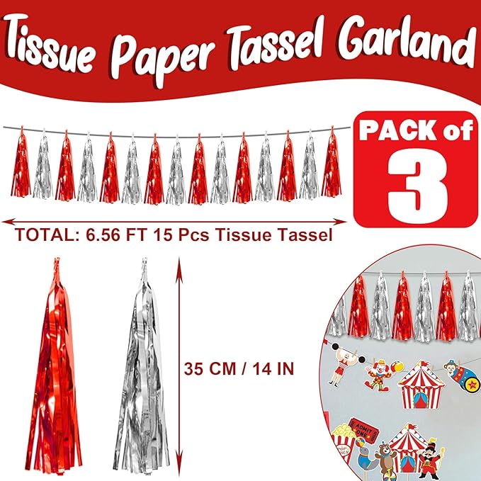 3P Red Silver Foil Fringe Metallic Tassel Streamers Banner Tassel Garland - Image 2