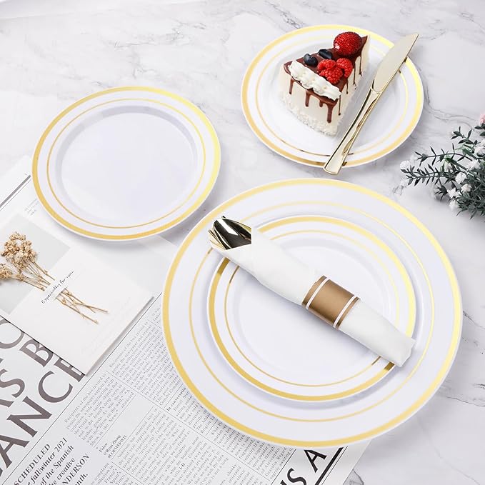 BESTVIP 350PCS Gold Plastic Dinnerware Set, Disposable Party Plates - Image 3