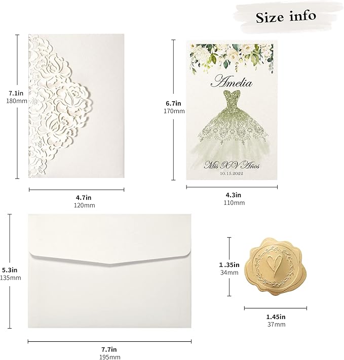DORIS HOME 50pcs Laser Cut Quinceanera Invitations Green and Ivory White - Image 2