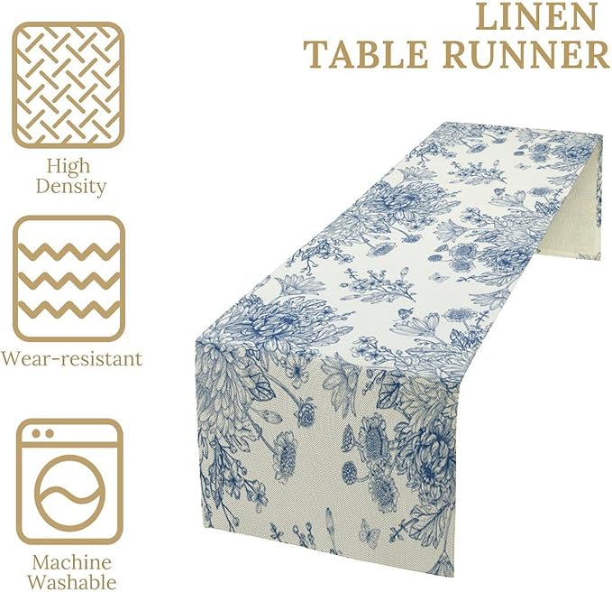 Chinoiserie Flower Table Runner, Seasonal Spring Fall Plants Blue Florals - Image 4