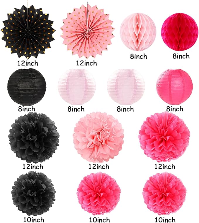 Hot-Pink Black Birthday Party-Decorations Streamers Lanterns - Image 2