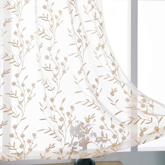 Sheer Curtains Embroidery 63 Inch Length White-Beige Rod Pocket Voile Drapes by MYSTIC-HOME
