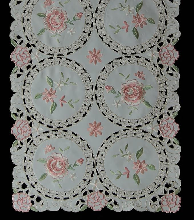 Creative Linens Embroidered Pink Rose Daisy Floral Table Runner Dresser Scarf - Image 2