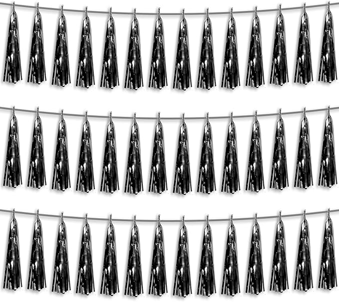 3P Black Foil Fringe Metallic Tassel Streamers Banner Tassel Garland by HYSILLA
