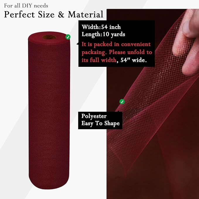 Burgundy Tulle Fabric Rolls 54 Inch by 10 Yards Fabric Tulle Bolt - Image 2