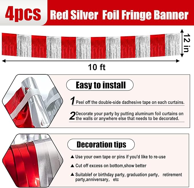 4 Pack 10 Feet Red Silver Foil Fringe Garland Metallic Tinsel Streamers Banner - Image 2