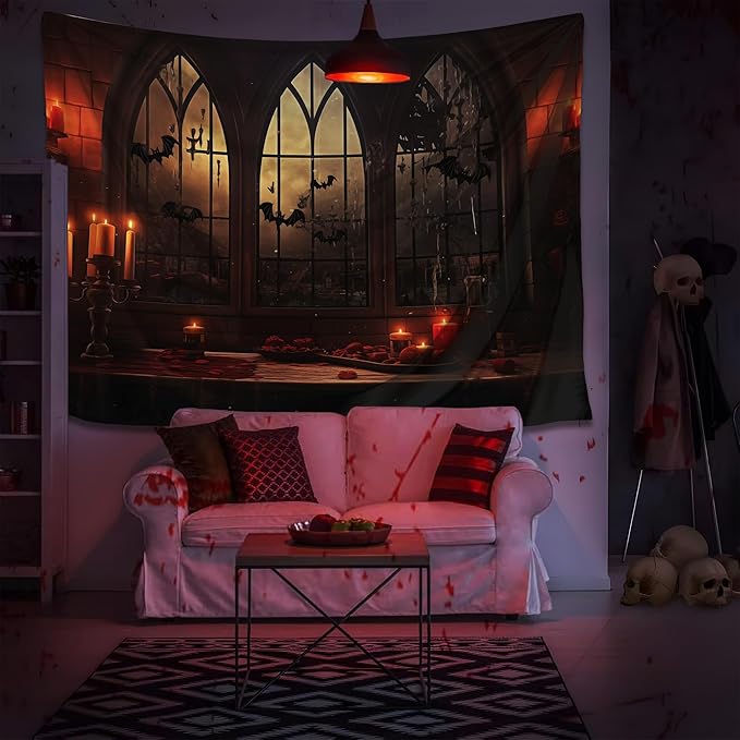 QGHOT Halloween Tapestry Wall Hanging Horror Castle Window Tapestry Gothic - Image 5