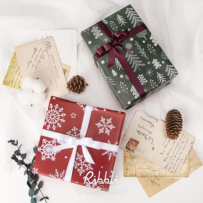 Ribbli Christmas Wrapping paper Reversible Snowflake and Christmas Tree Red - Image 4