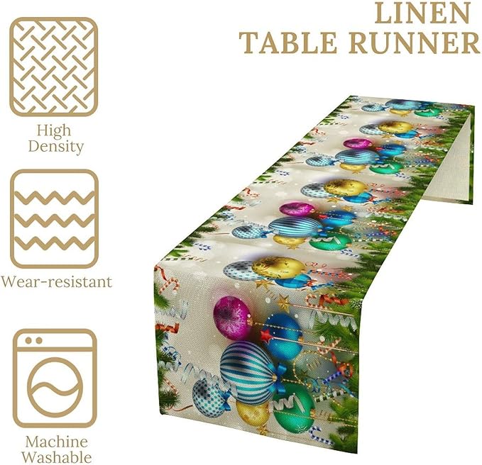 Christmas Table Runner, Colorful Balls Xmas Tree Snowflake Pattern Print - Image 2