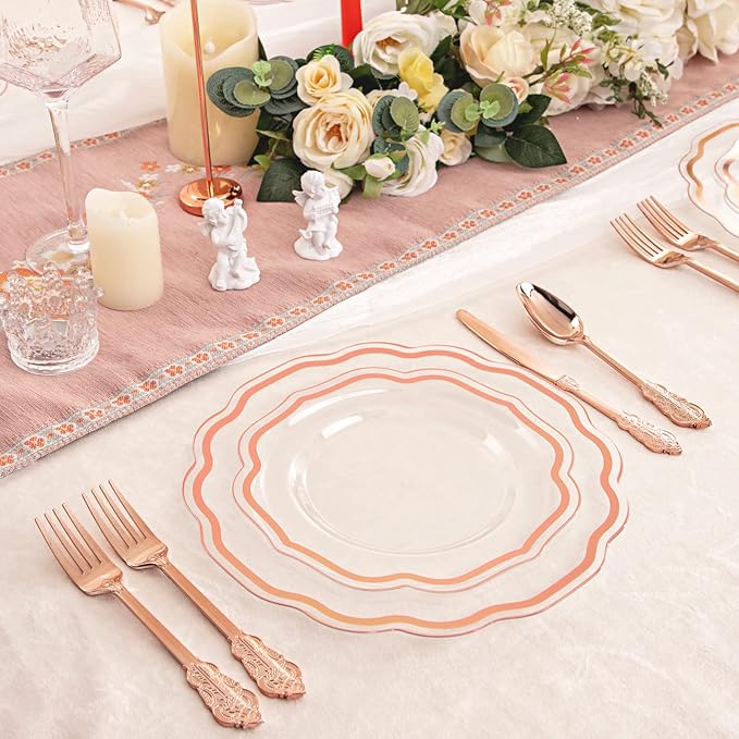 NOCCUR 150PCS Rose Gold Plastic Plates&Rose Gold Silverware-Include 30Dinner - Image 5