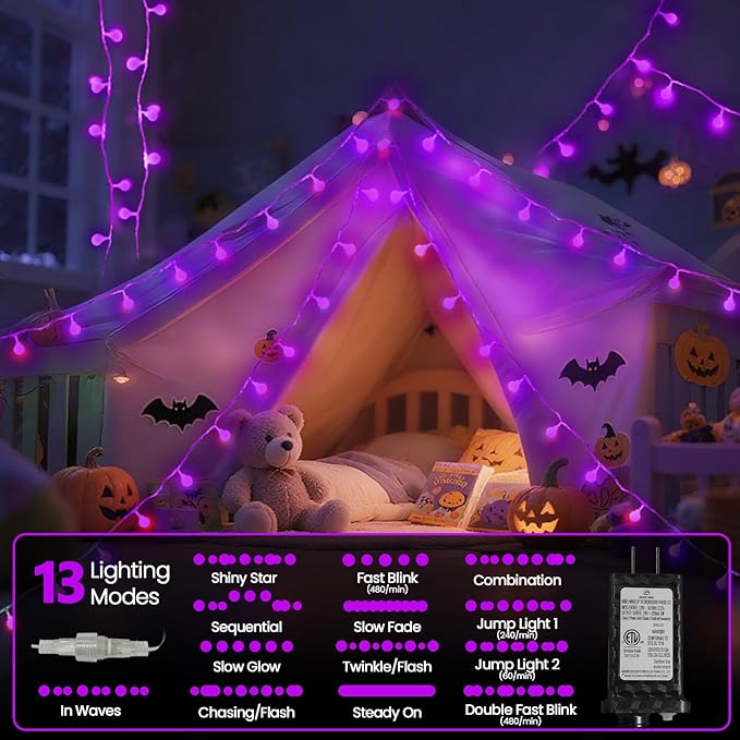 LORRYTE Connectable Purple Halloween Lights Outdoor Indoor - 43FT 100LED Globe - Image 4