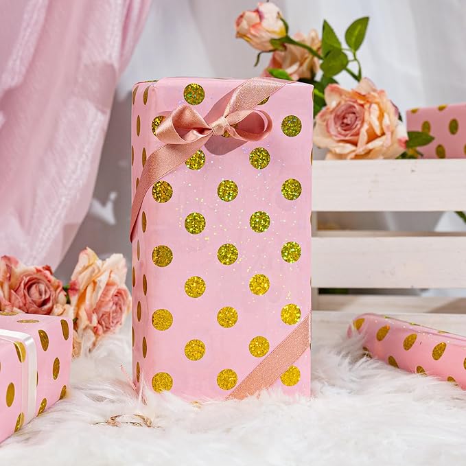Burymento Pink Holographic Dots Wrapping Paper, Reversible Gold Gift Wrap - Image 3