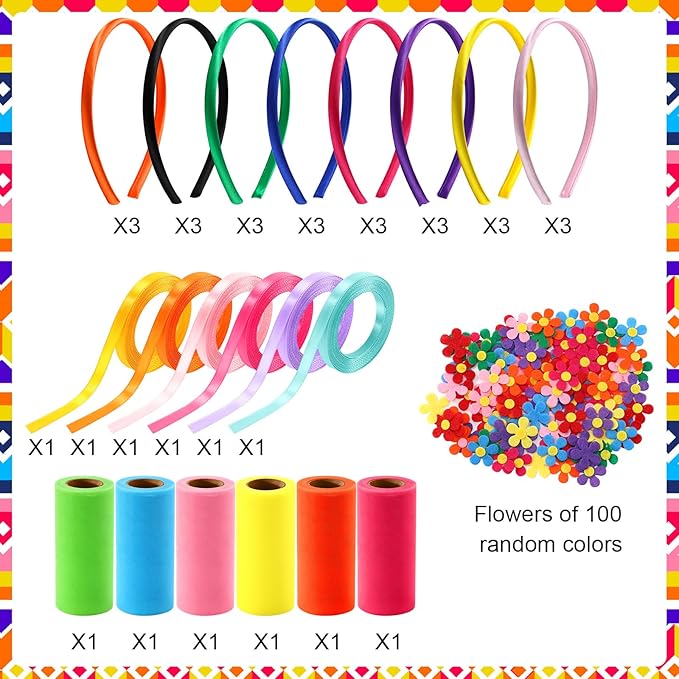 Canlierr 24 Pcs Rainbow Headbands 6 Tulle Mesh Fabric Rolls 100 Felt Flowers - Image 2