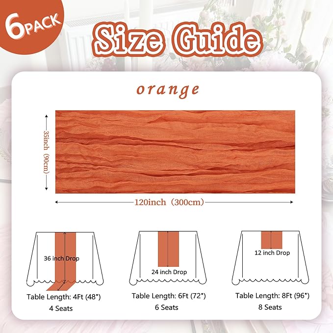 6 Pack Fall Thanksgiving Table Runner Orange 10ft Boho Gauze Fabric Cheesecloth - Image 2