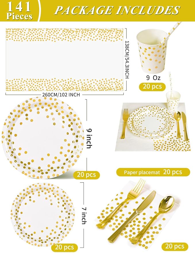 141 Pieces White Gold Party Supplies, Party Dinnerware Sets Include Paper - Image 3