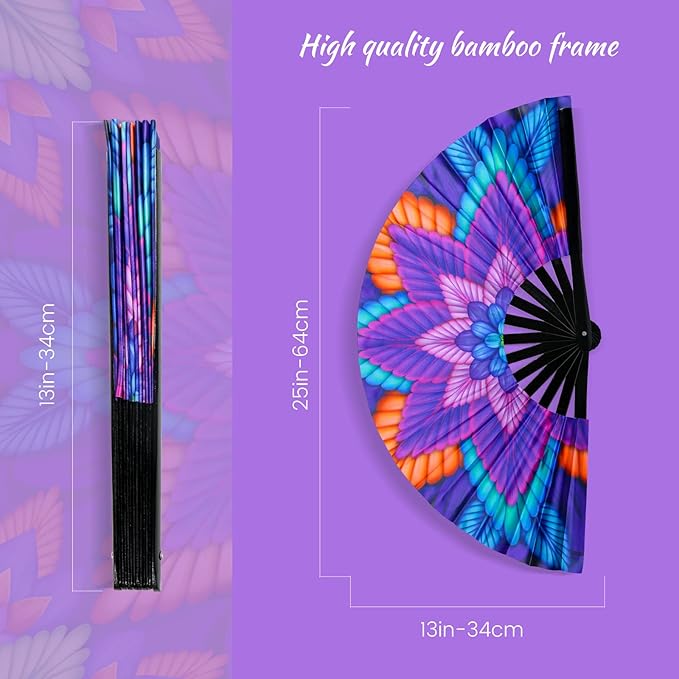 SYNTECSO Folding Hand Fan for Rave, UV Glow Fan, Large Bamboo Fan for Drag Queen - Image 2