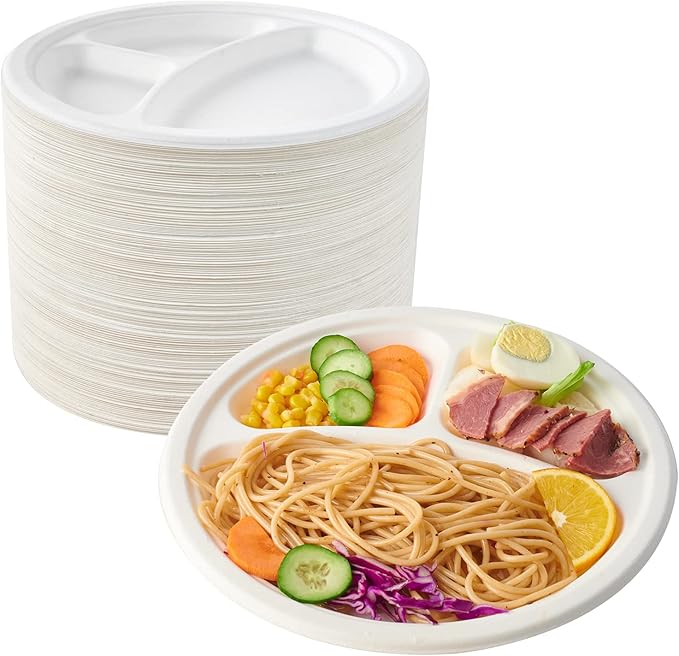 ECOLipak 150 Pack Compostable 3 Compartment Plates, Heavy-Duty Disposable by ECOLipak