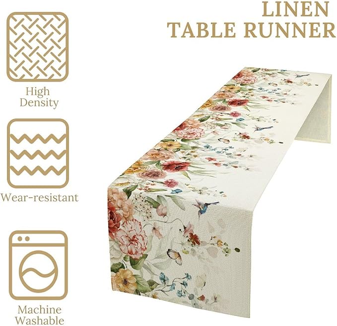 Rustic Floral Table Runner, Watercolor Flower Leaves Hummingbird Butterfly - Image 3