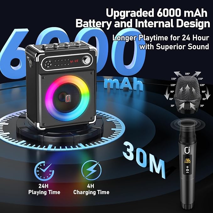 Karaoke Machine with 2 Wireless Microphones, 【Upgraded 6.5"Woofer & - Image 6