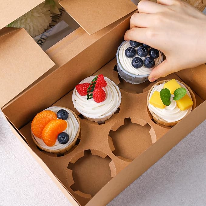 HANSGO 6 PCS Cupcake Boxes, 9.5x6.3x3.5 Inch Cupcake Containers Brown Pastry - Image 5