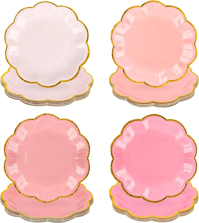 Pink Party Plates Gradient Pink Dessert Paper Plates 7inch Gold Foil Scalloped - Image 7