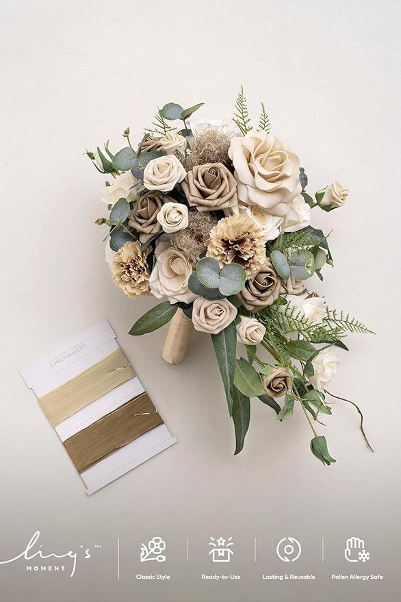 Ling's moment Intimate Brown Bridal Bouquet Cascading, 13 Inch Bride Bouquets - Image 6