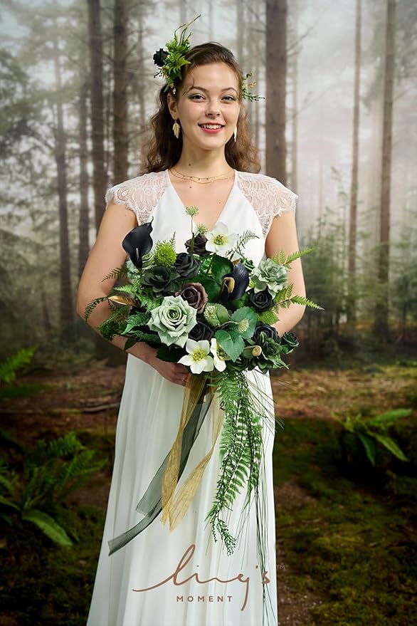 Ling's moment Forest Green Bridal Bouquet Cascading, Emerald Green Wedding - Image 4