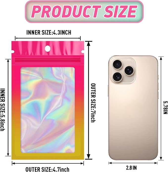 Funfery 100 Pack Gradient Holographic Bags, Mylar Resealable Bag - Image 2