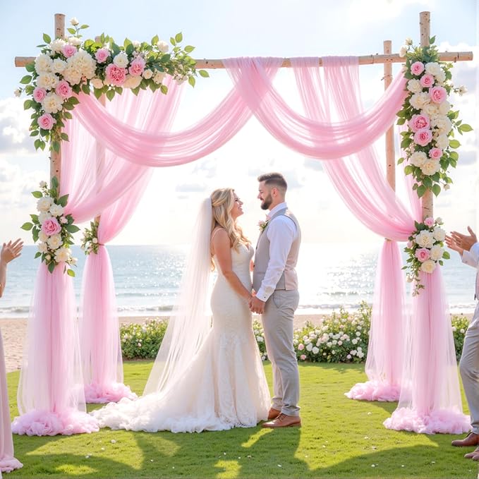 Wedding Arch Draping Fabric Backdrop 2 Panel 60" x 26Ft Pink Drapes Curtains - Image 2