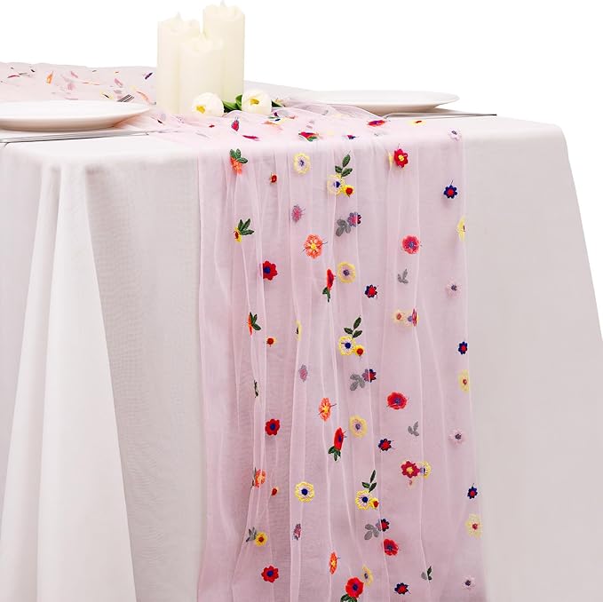 BINBE 1pcs Pink Daisy Fall Table Runner Embroidery Gauze 10FT Florals Seasonal by BINBE