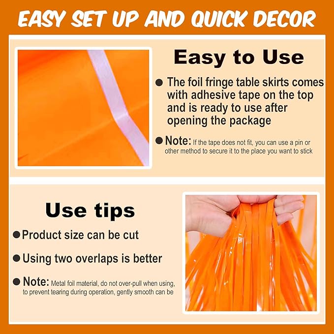 3 Pack 29 x108 Inch Macaron Orange Foil Fringe Table Skirts Metallic Banner - Image 2