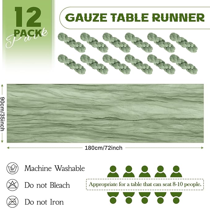 Aktor 12 Pack Sage Green Table Runner Boho Cheesecloth Table Runner Semi Sheer - Image 4