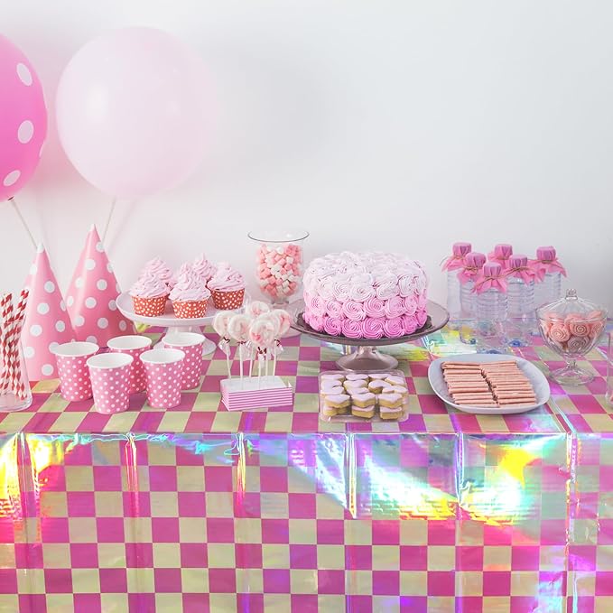6 Pack Pink and Iridescent Checkered Plastic Tablecloth, Shiny Disposable Laser - Image 6