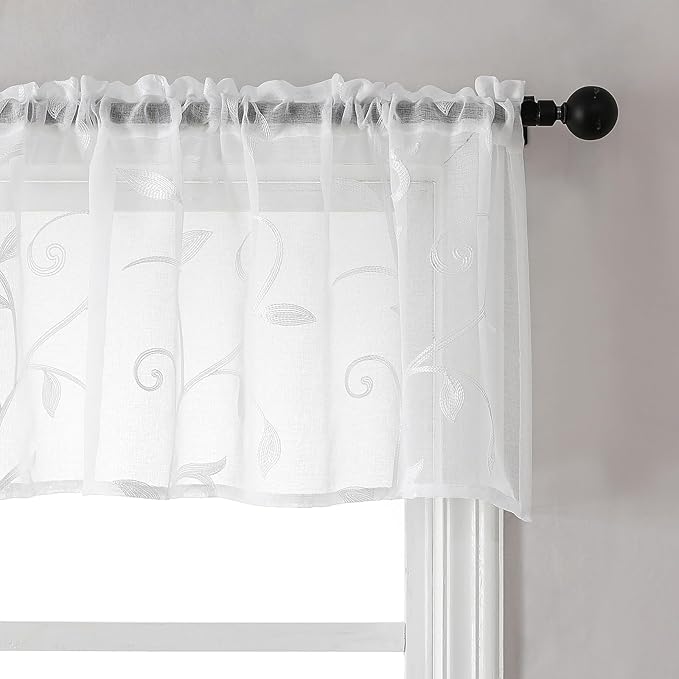 VISIONTEX Sheer Voile Curtain Valances, Decorative Leaves Embroidered, Rod - Image 2