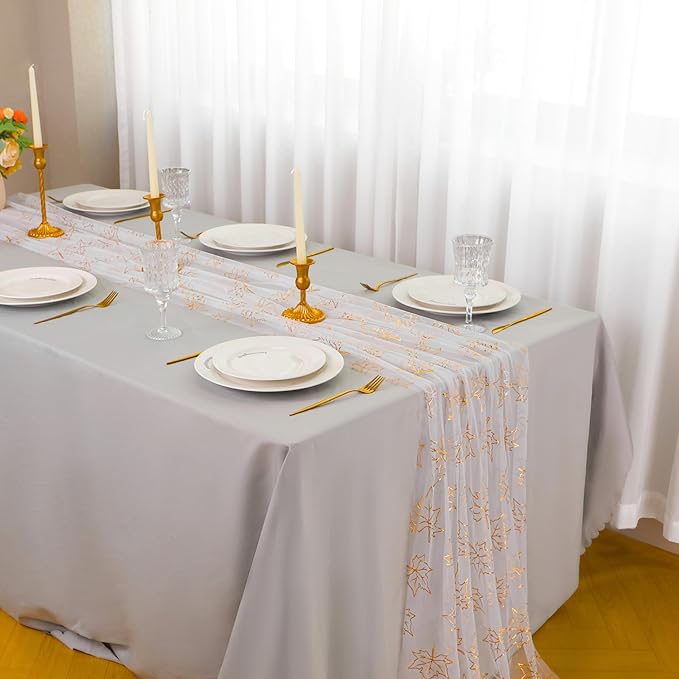 Snowkingdom Fall Table Runner, 10ft Gold Maple Leaves Gauze Chiffon Table - Image 2