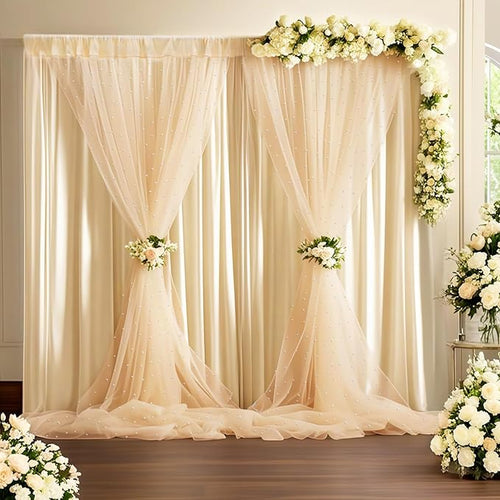 10 * 8FT Beige Pearl Tulle Double Layered Backdrop Curtain by GUANSEN
